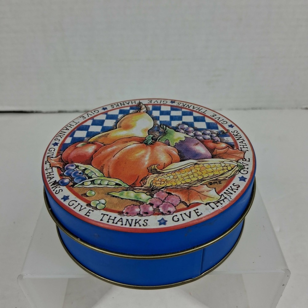 Give Thanks Harvest Coaster Set of‎ 6 with Storage Tin Blue Autumn Fall OMI